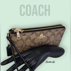 Coach Khaki And Brown Signature Coated Canvas Large Double Corner Zip Wristlet